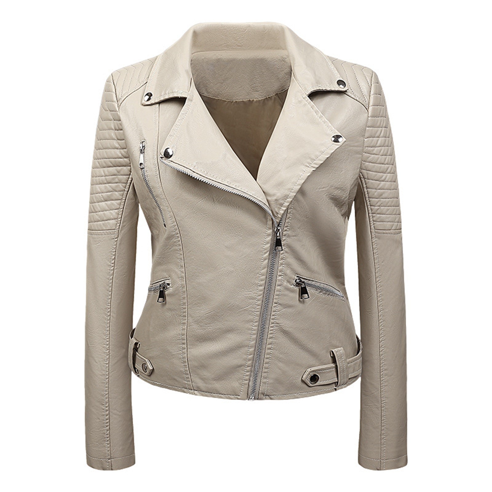 Dwaogom Women's Leather Standing Collar Slim Fitting Motorcycle Jacket Leather Jacket Utility Jacket Spring Fall Tops For Women Fashion 2024